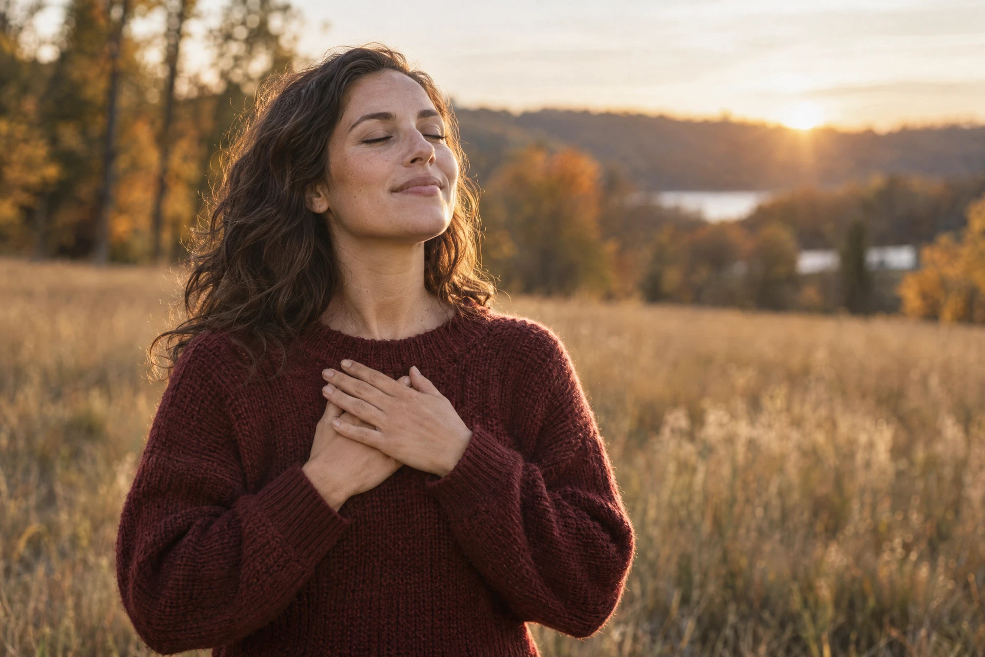 A woman taking a heart-centered moment of reflection