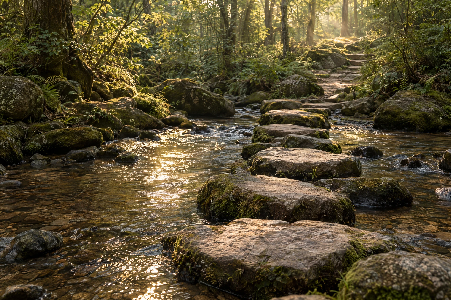 Stepping stones through a sunlit woodland stream